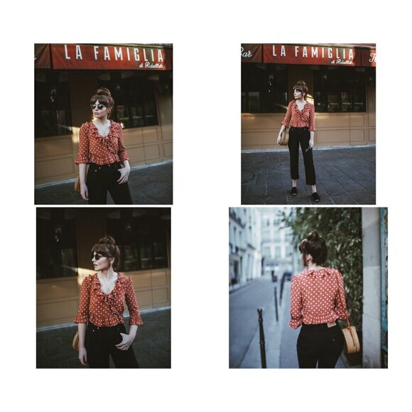 💕REALISATION PAR💕 Cher Top ~ 100% Silk Rust Spot Polka Dot Print Small - Picture 10 of 16